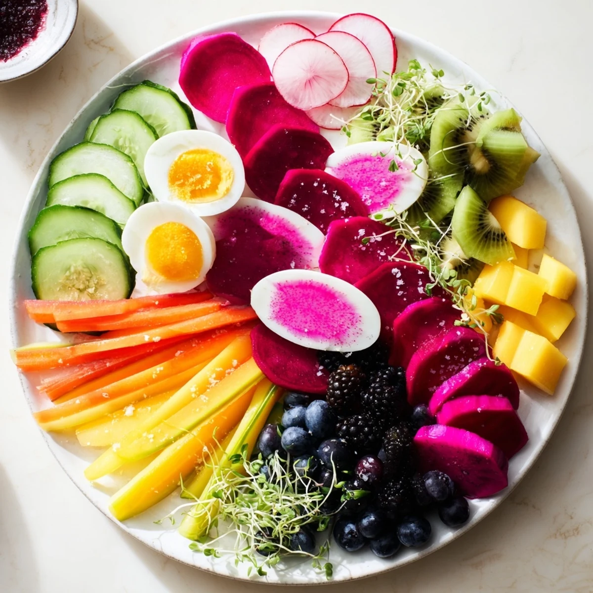 A vibrant platter of The Neon Night, with colorful pickles and ruby beet-dyed eggs shining.