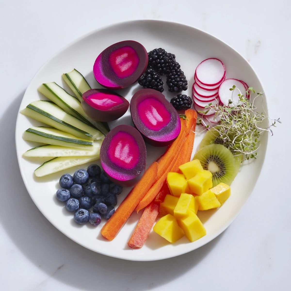 The Neon Night features a striking arrangement: pickles, eggs, and fruit bursting with color.