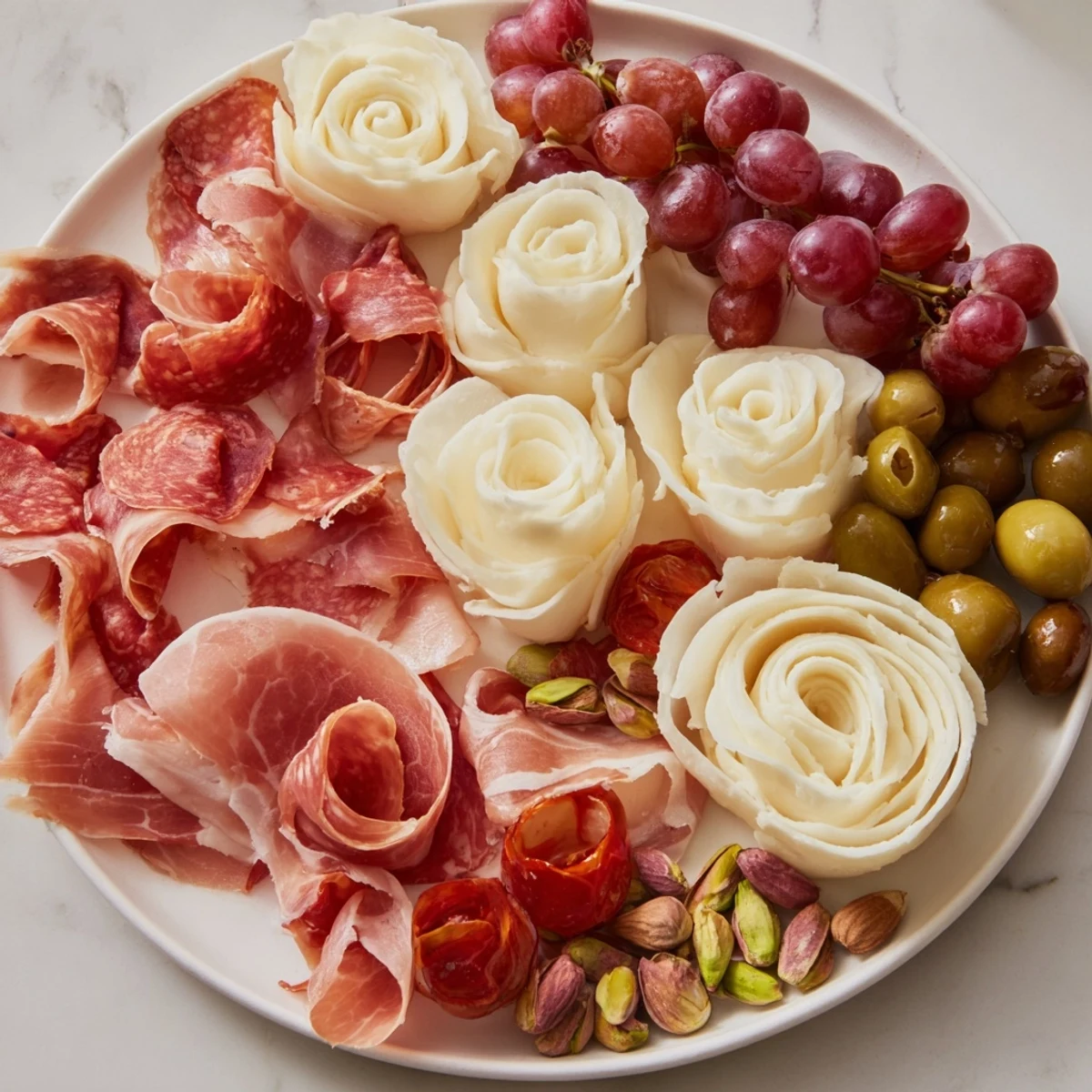 An Advanced Artisan Array charcuterie board overflowing with meats, cheeses, and colorful garnishes.