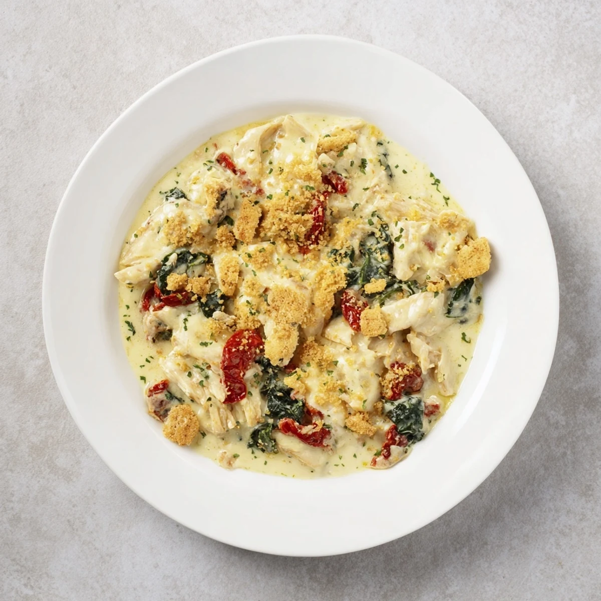Marry Me Chicken Casserole bubbling in a baking dish, with golden Ritz cracker topping and creamy sauce.