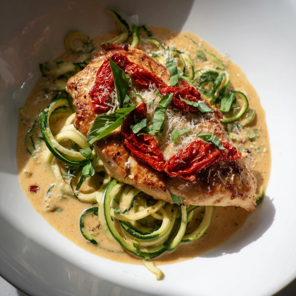Marry Me Chicken Zoodles: golden chicken breasts smothered in creamy sauce, served atop vibrant zucchini noodles.