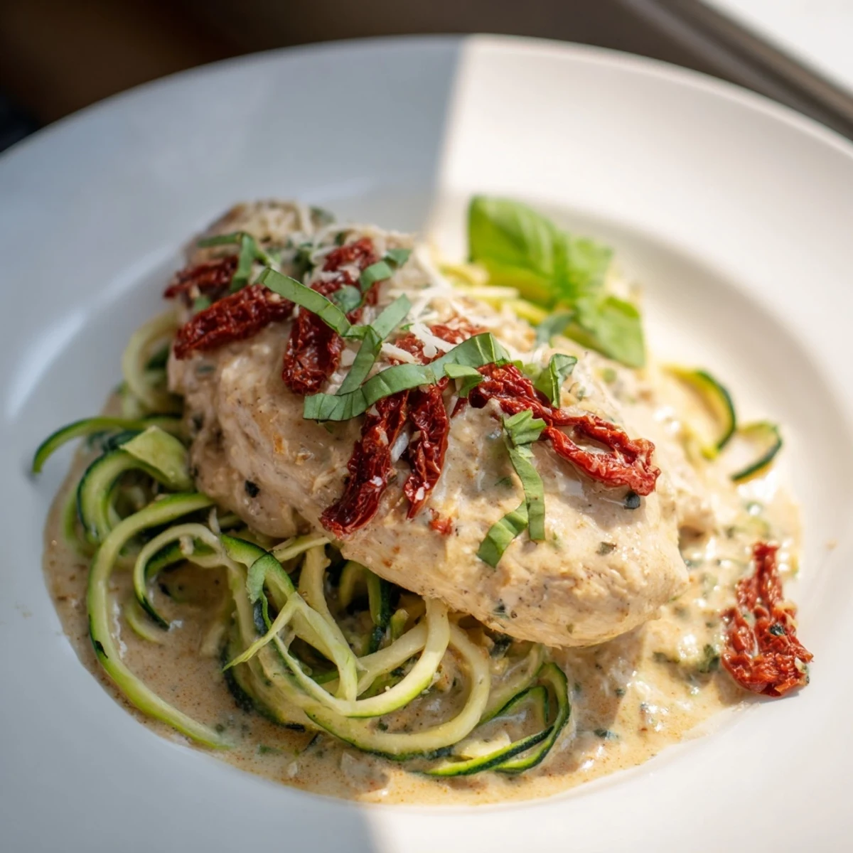 A flavorful plate of Marry Me Chicken Zoodles showcases tender chicken and sun-dried tomatoes in a rich sauce.