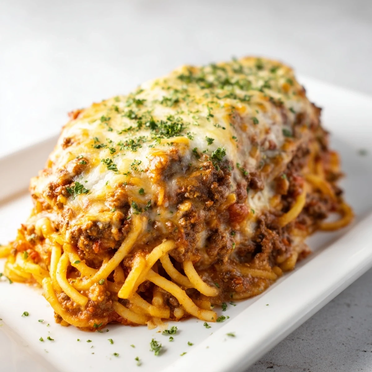 Golden, bubbly top of Tinis Baked Spaghetti, a comforting casserole with savory meat and creamy cheese.