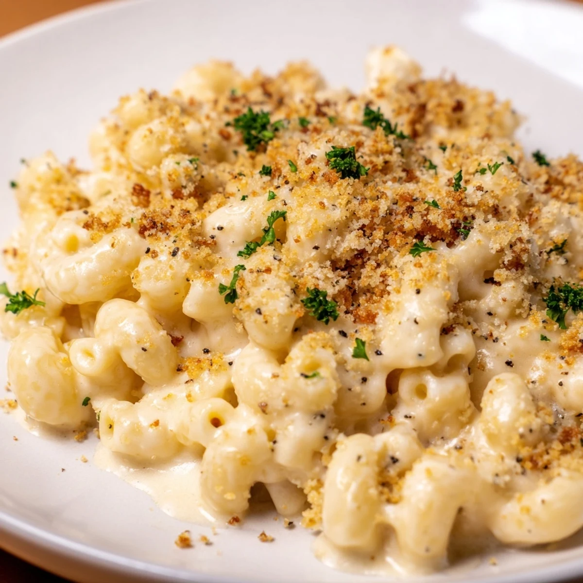 Golden, bubbly Tinis Mac and Cheese with bacon, showcasing the crispy bacon topping in a warm dish.