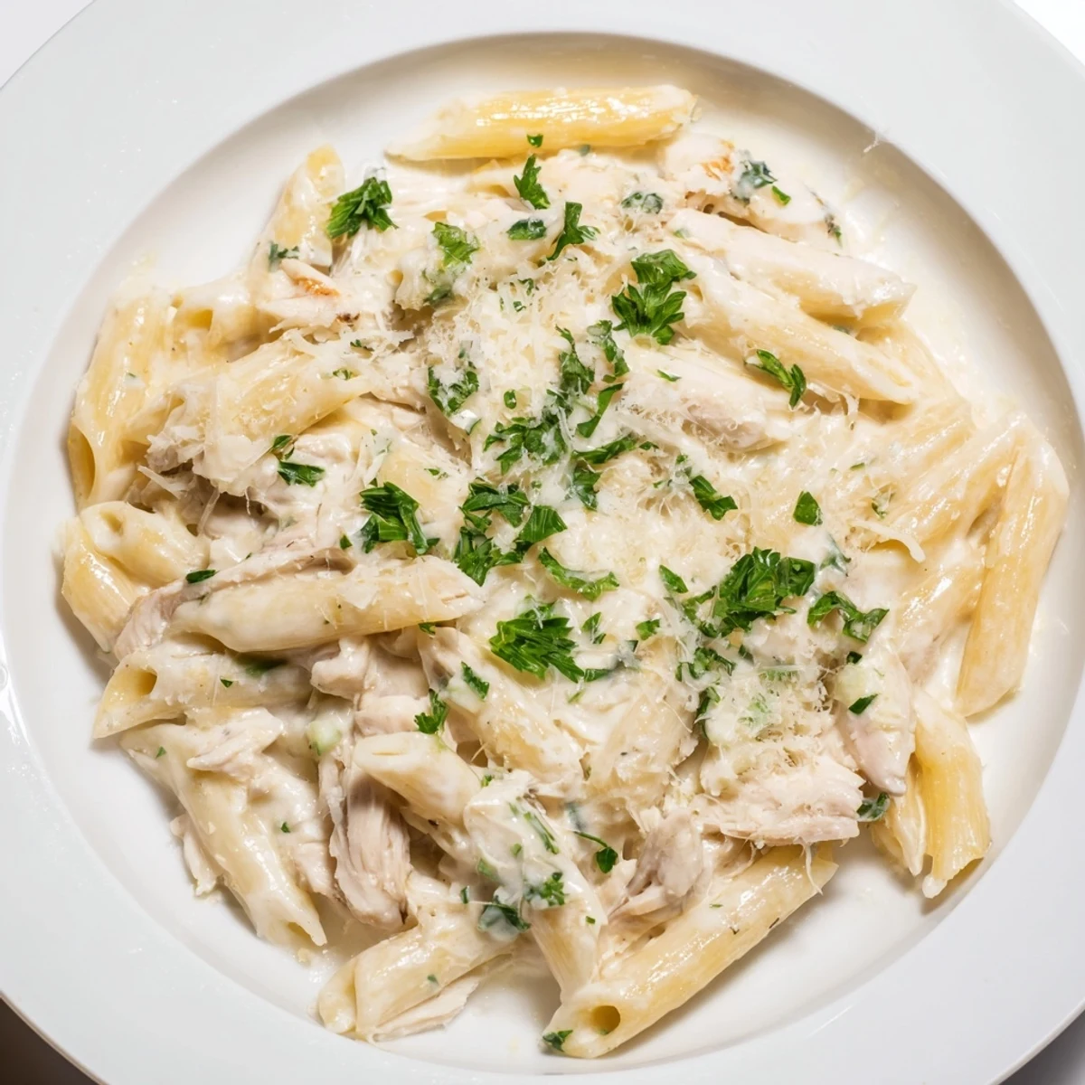 Tender shredded chicken and penne pasta smothered in a rich cream sauce, part of Tinis Creamy Chicken Pasta.