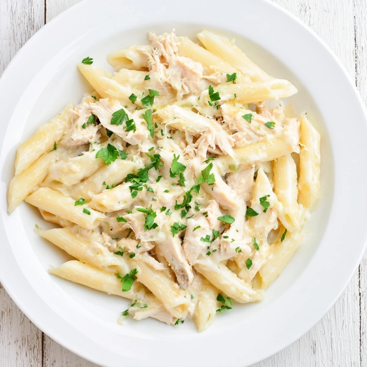 A creamy, comforting bowl of Tinis Creamy Chicken Pasta, garnished with fresh parsley.