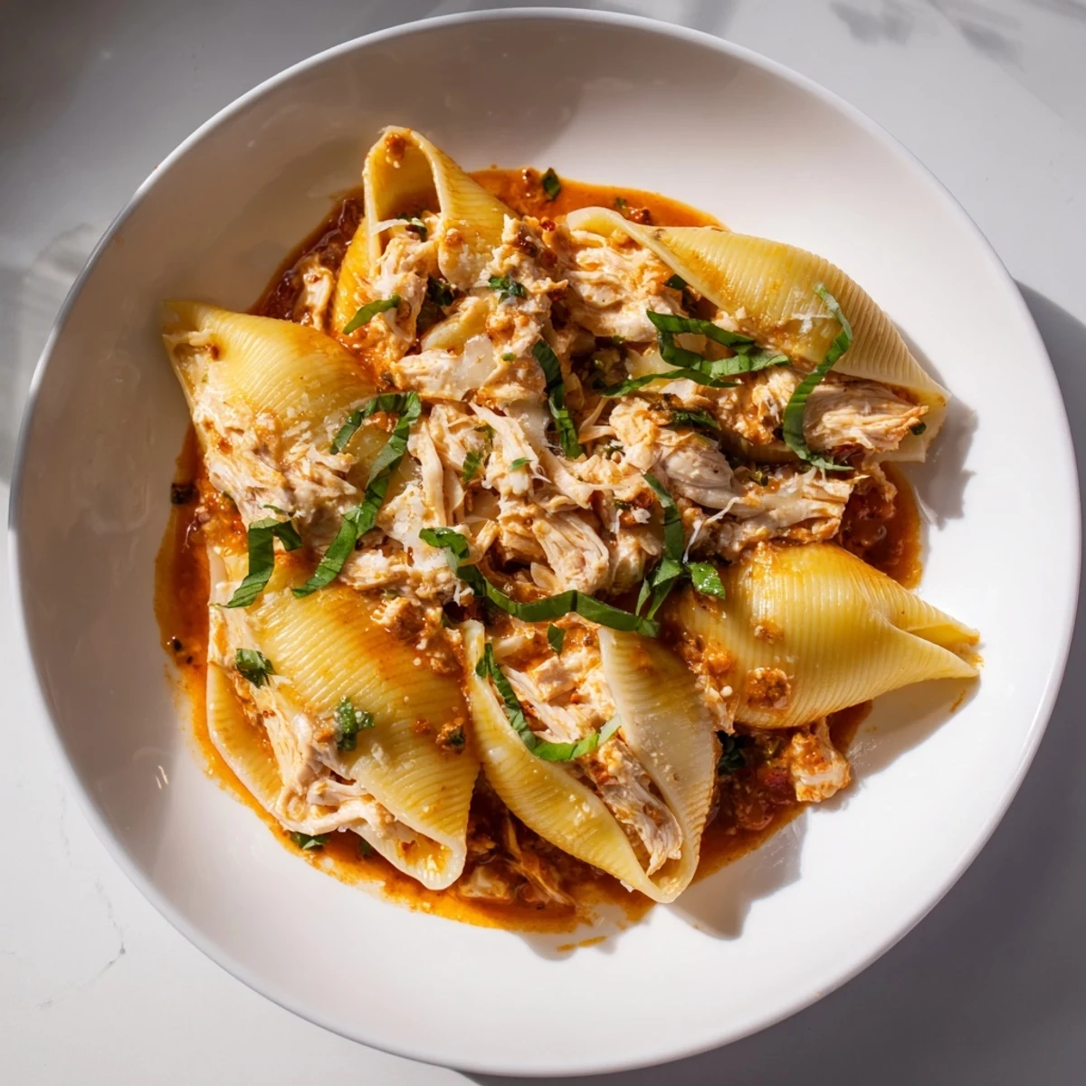 Creamy, bubbly Marry Me Chicken Stuffed Shells, garnished with fresh basil, ready to serve with garlic bread.