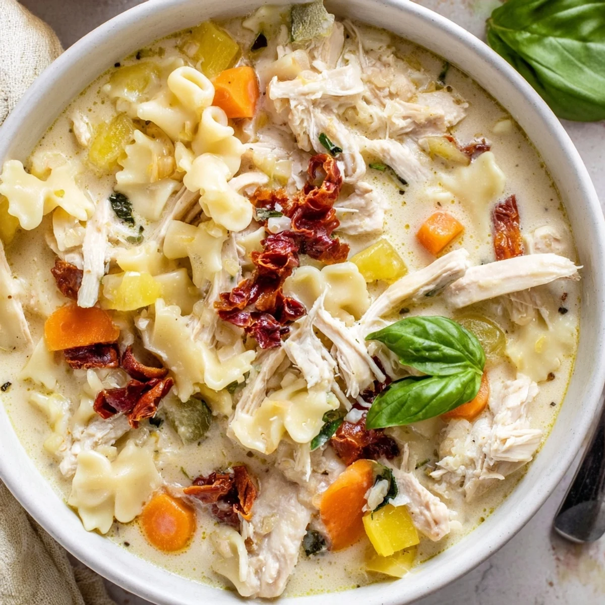 Creamy, flavorful Marry Me Chicken Soup, showcasing tender shredded chicken and ditalini pasta in broth.