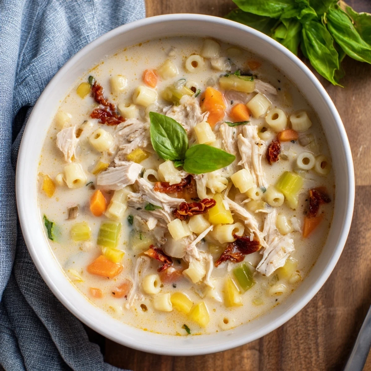 A warm bowl of rich Marry Me Chicken Soup with visible shredded chicken and colorful sun-dried tomatoes.