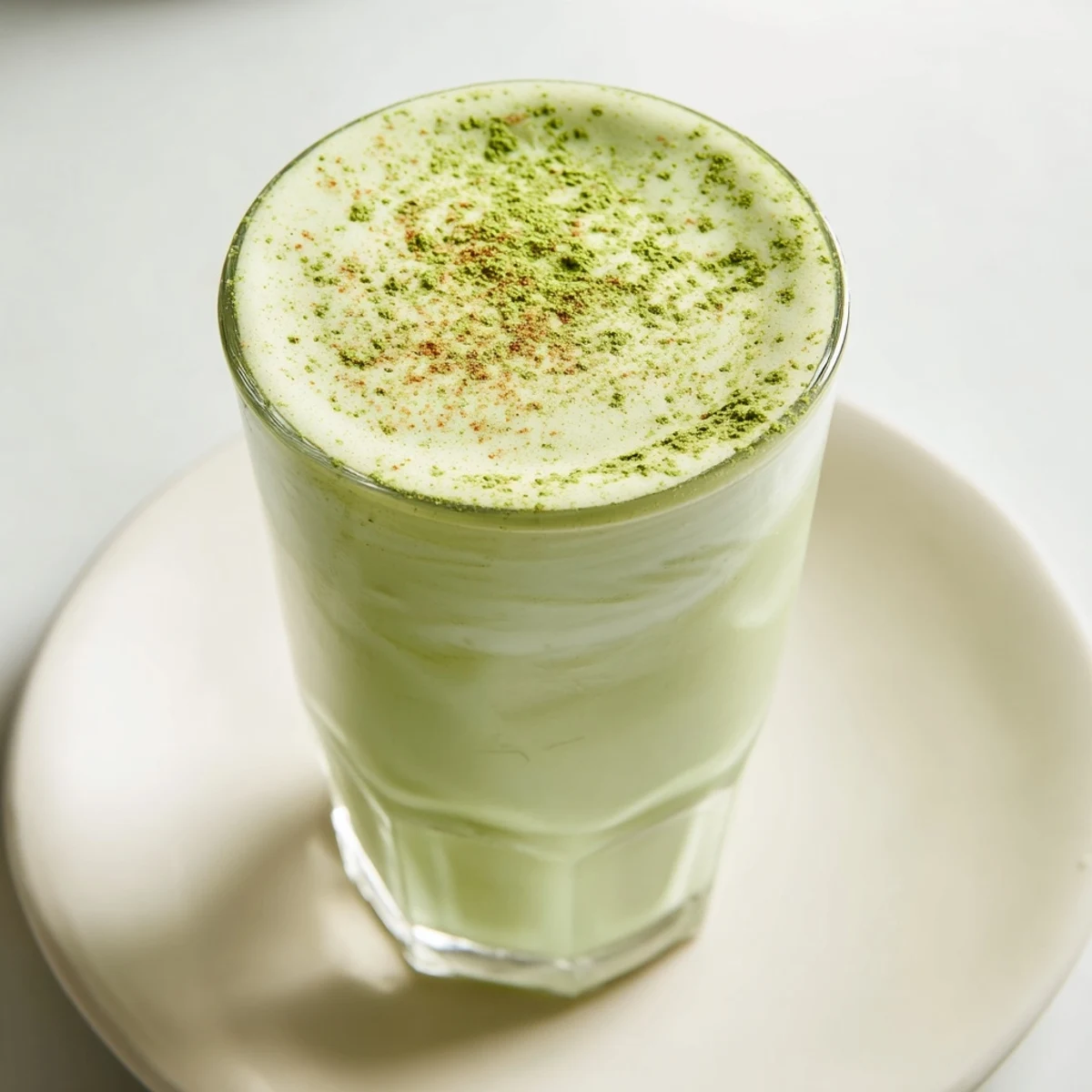 Frosted glass filled with a delicious Matcha Eggnog Collagen Breakfast Smoothie, showcasing blended goodness.