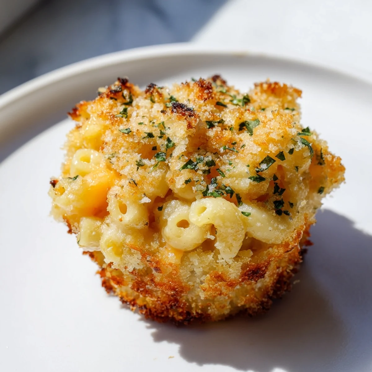 A close-up of cheesy, bite-sized Tinis Mac and Cheese muffins with crispy breadcrumb topping.