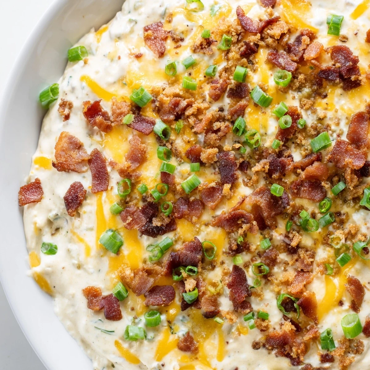 Melted cheddar and mozzarella top this bubbly Cheesy Bacon Ranch Dip, ideal for dipping chips.
