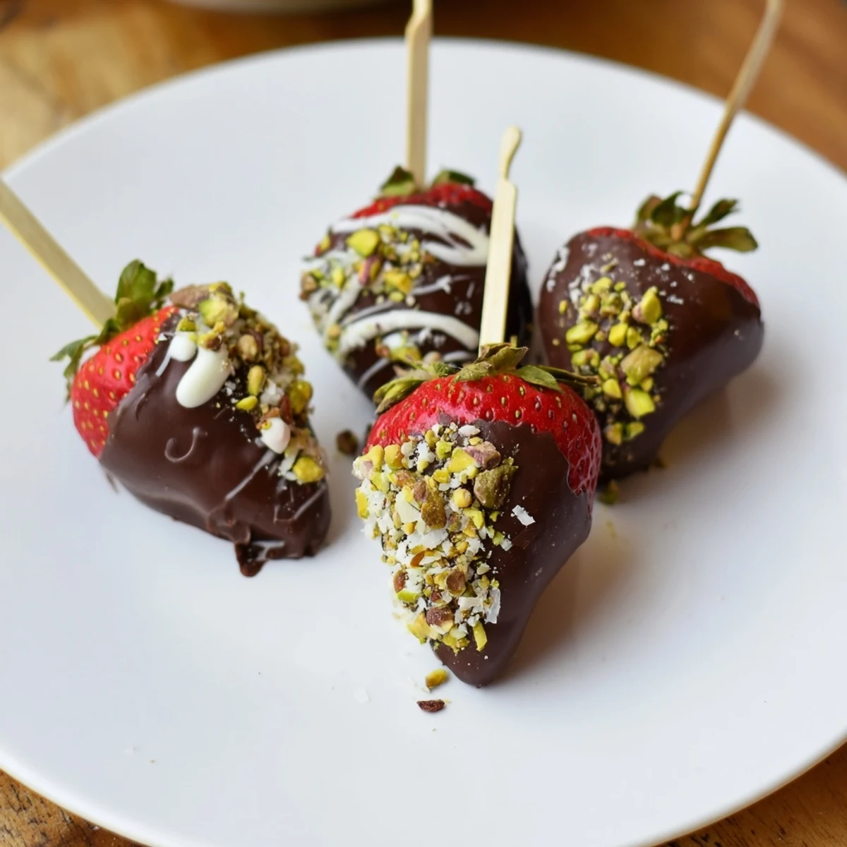 Chocolate-dipped strawberry skewers glistening with dark chocolate, ready to be enjoyed as a sweet treat.