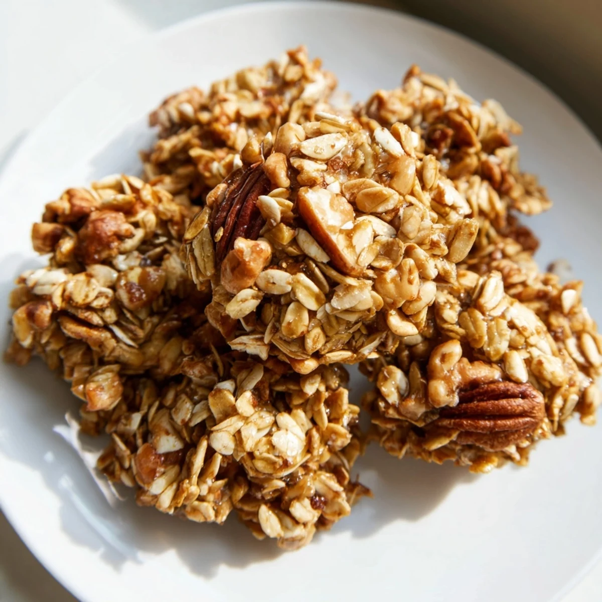 A close-up shot of baked Honey Nut Granola Clusters, showcasing the golden-brown, clustered pieces.