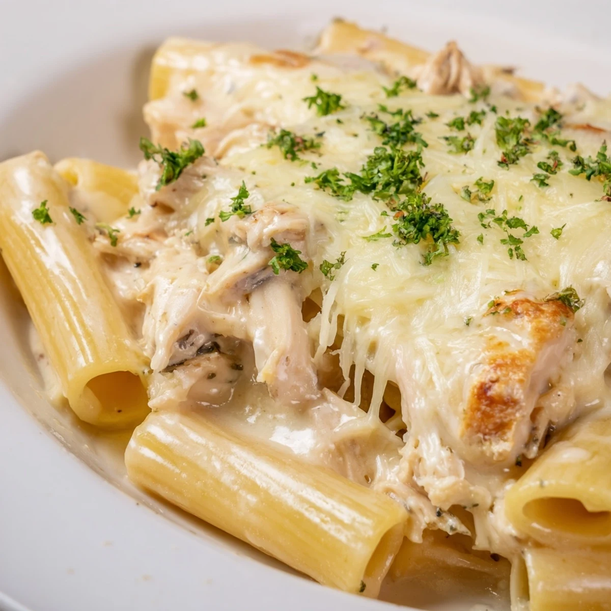 Golden, bubbly Chicken Alfredo Bake, a comforting casserole with creamy sauce and melted cheese.