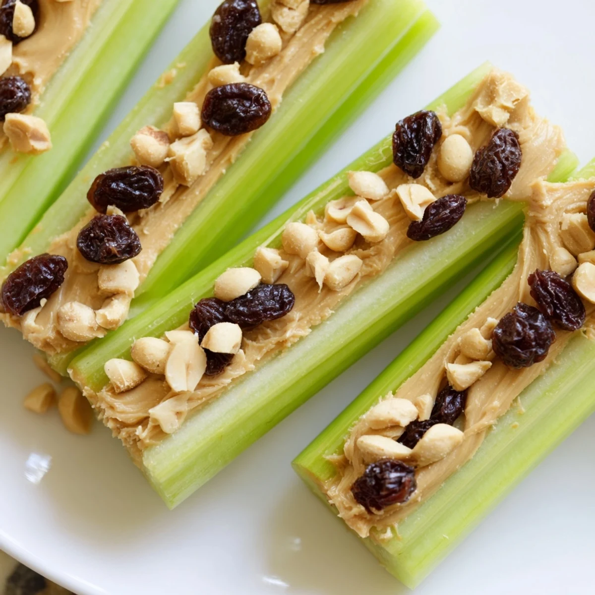 Vibrant close-up of peanut butter celery sticks, a perfect quick American snack, with optional toppings.