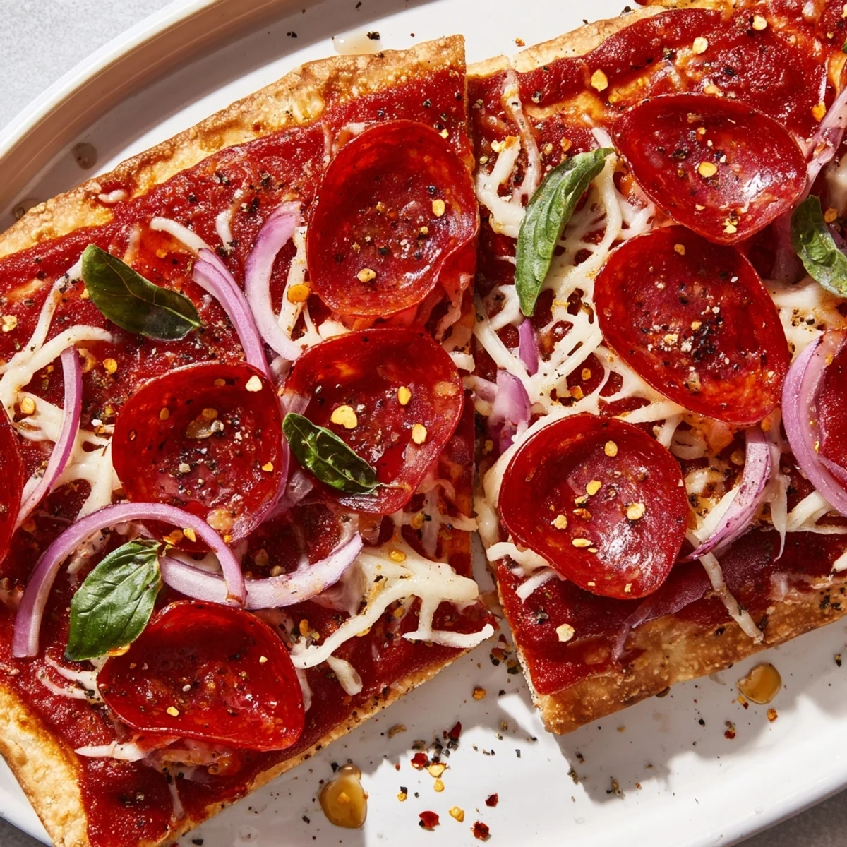 Golden, bubbly Hot Honey Pepperoni Flatbread topped with spicy pepperoni and drizzled sweet honey.