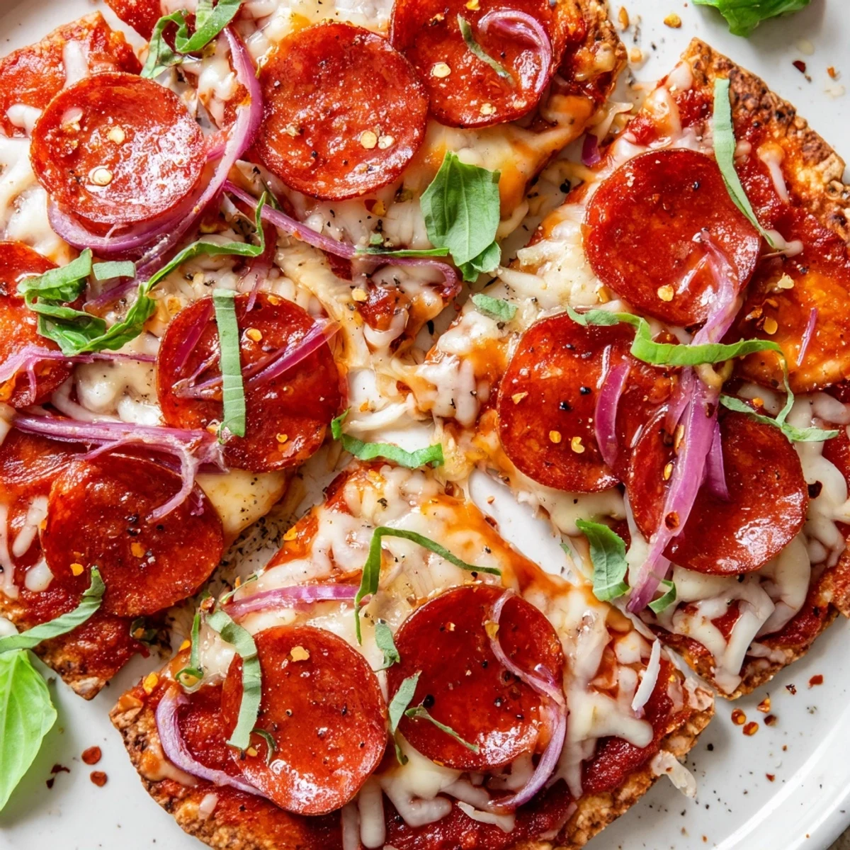 Enjoy a close-up of a delicious, homemade Hot Honey Pepperoni Flatbread, showing off its perfect textures.