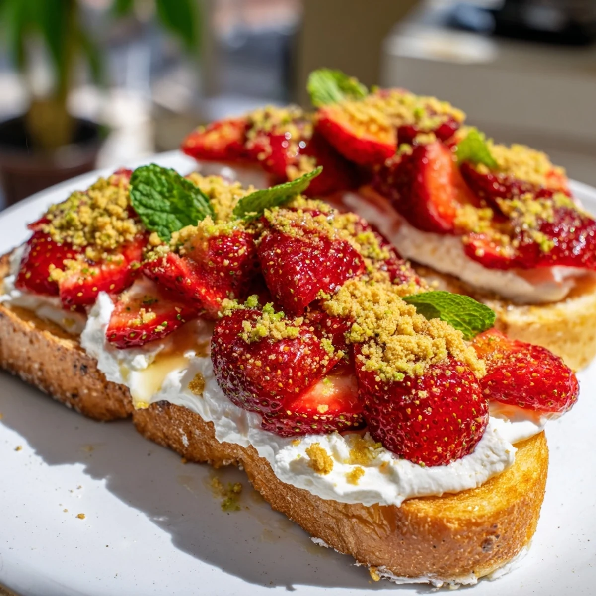 Golden toasted brioche piled high with vibrant strawberries atop creamy strawberry cheesecake toast.