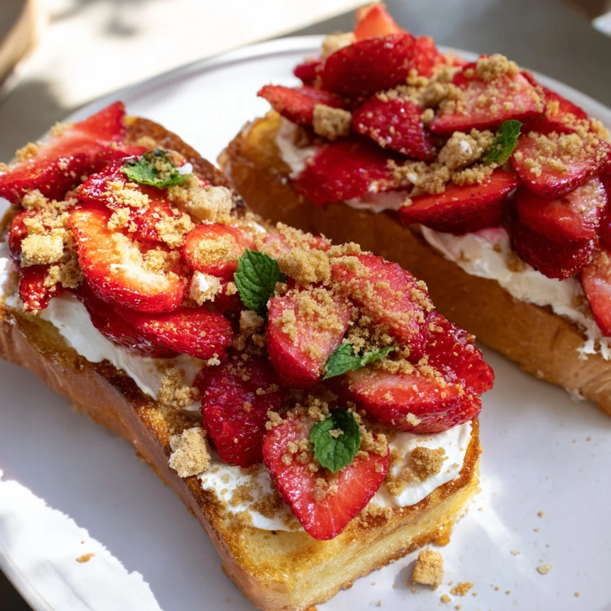 Sweet, juicy strawberries sit on a thick layer of cream cheese, a picture of Strawberry Cheesecake Toast.