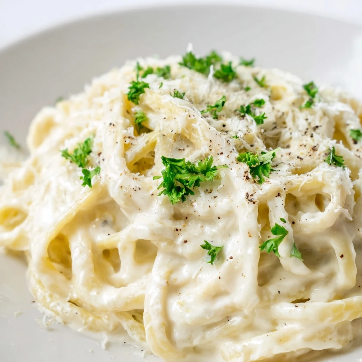 A photo of homemade Pasta Alfredo Cottage Hack, garnished with fresh parsley and extra Parmesan cheese.