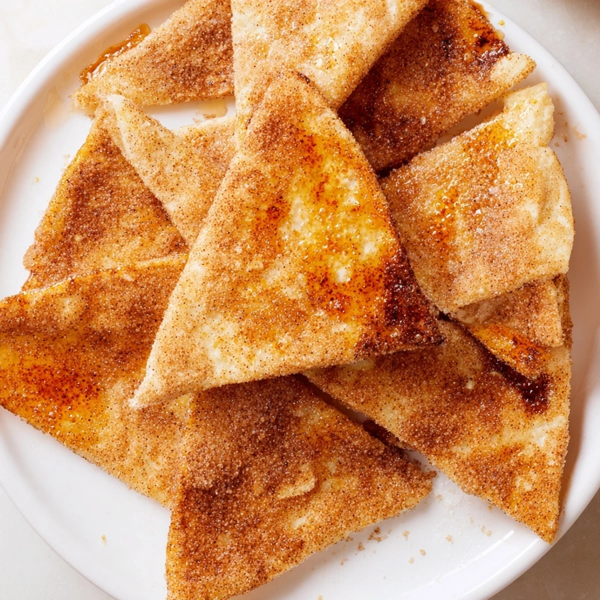 Golden-brown cinnamon sugar tortilla chips, a sweet and crispy dessert snack, ready to enjoy.