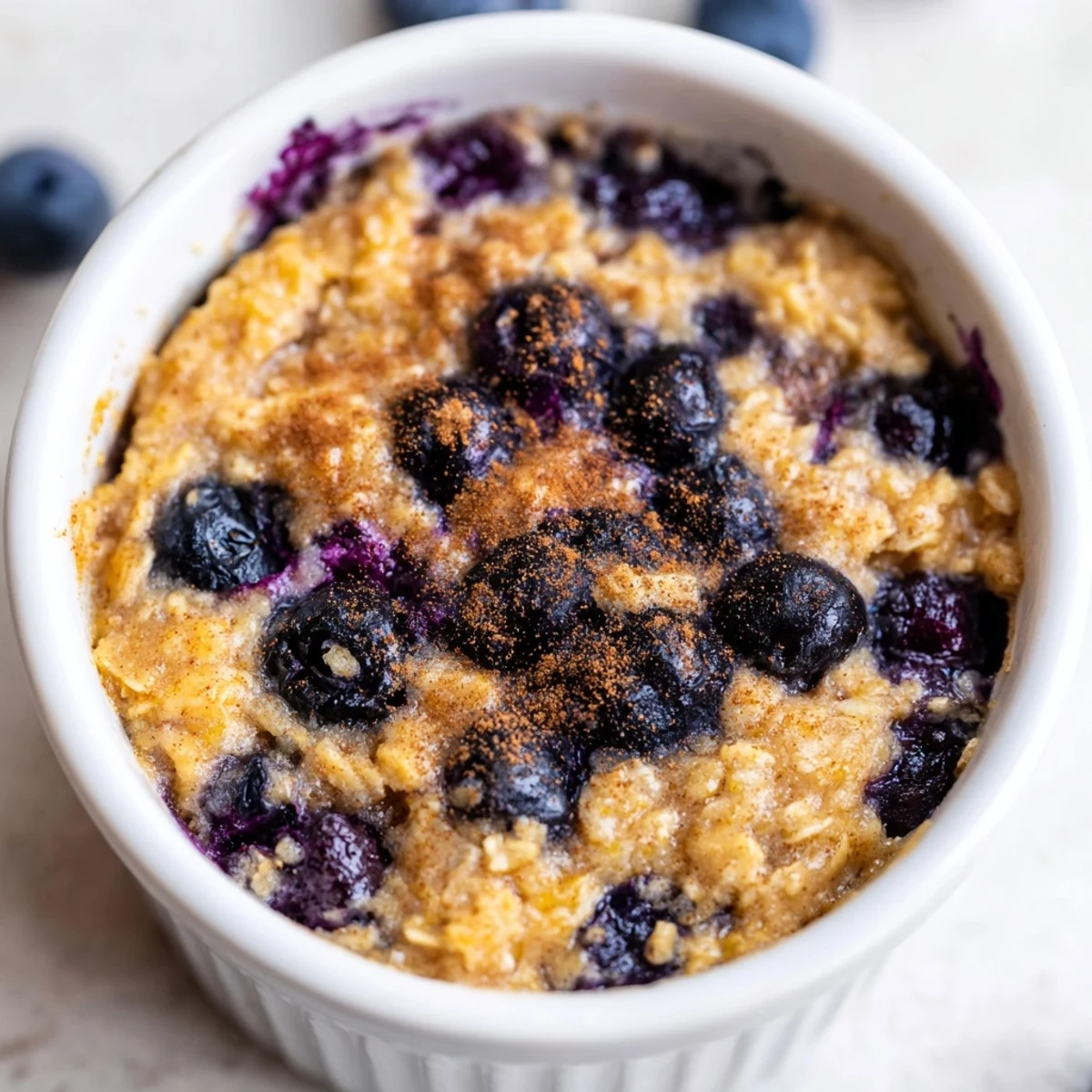 Fluffy, golden Blueberry Baked Oats with scattered fresh blueberries served in a ramekin, ready to eat.