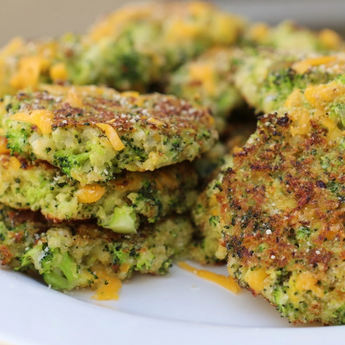 Golden-brown Cheesy Broccoli Patties: crispy veggie fritters with melted cheddar, enticing textures, and fresh herbs.