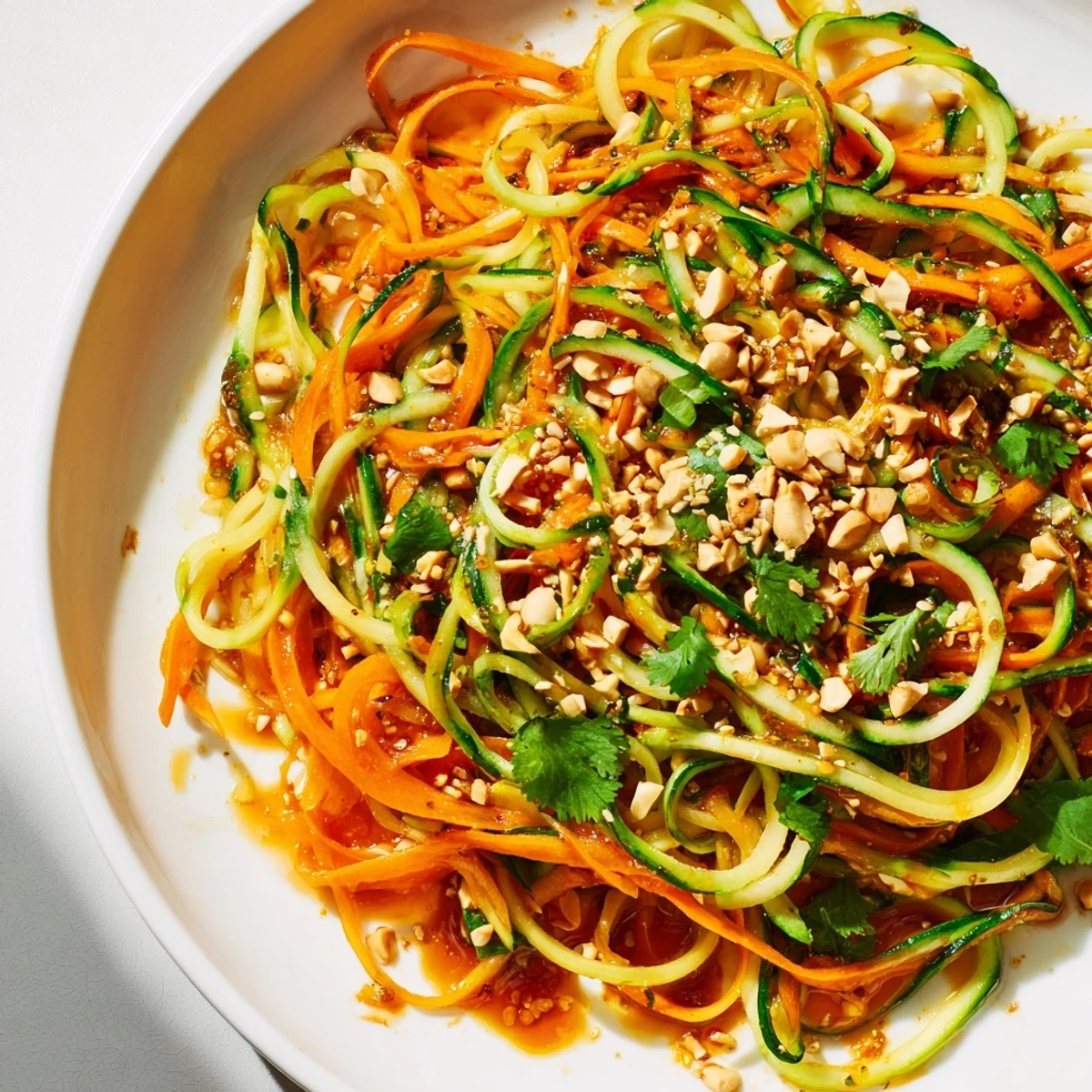 Refreshing Spicy Cucumber Noodle Bowl with spiralized cucumbers and vibrant chili sauce, ready to eat.