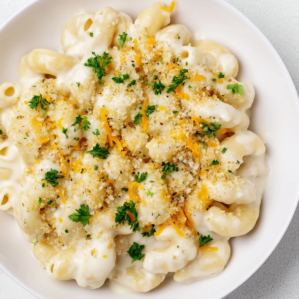 A close-up of creamy, flavorful high-protein mac and cheese, ready to be served.