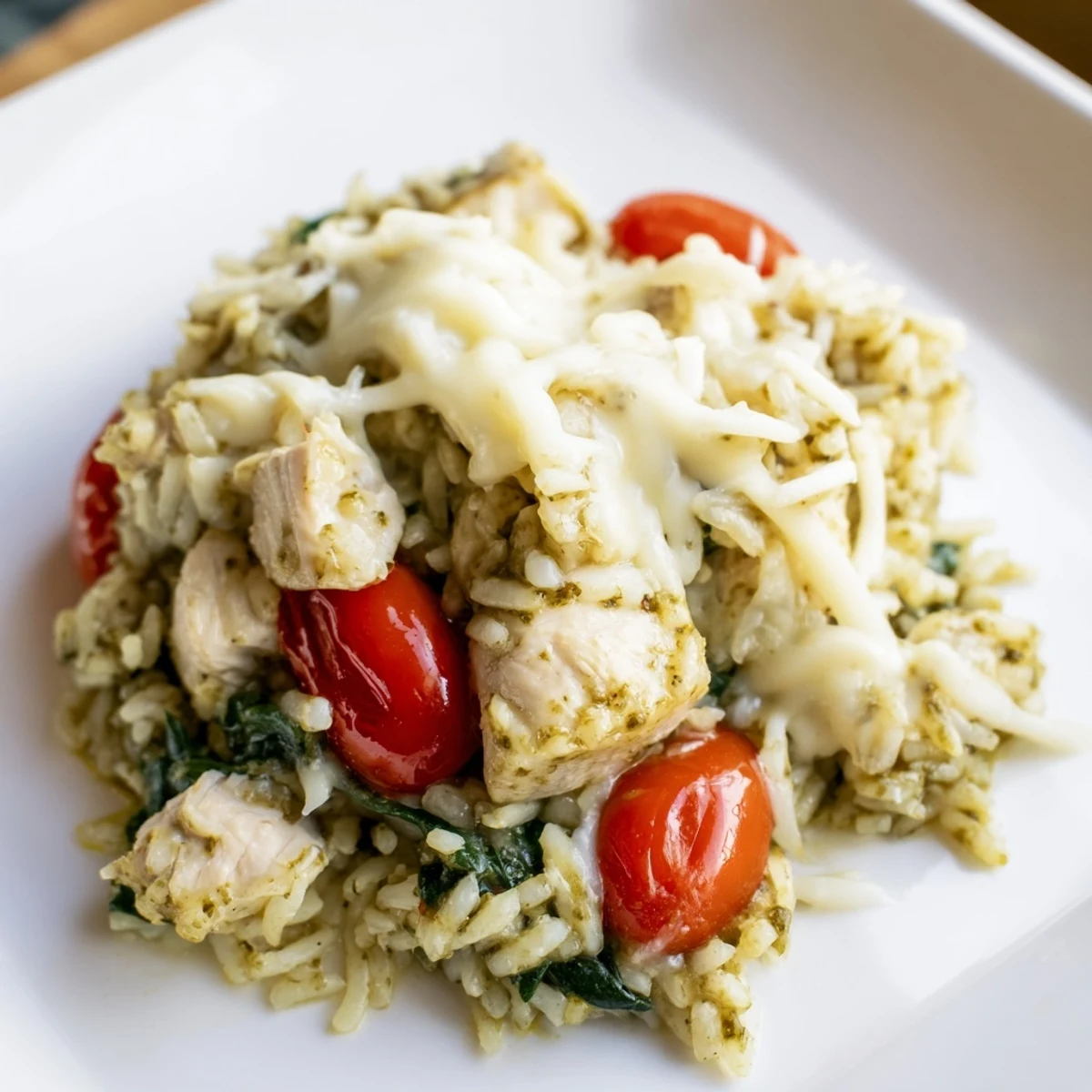 A creamy, cheesy Chicken Pesto Rice Bake, perfect for a family dinner, Italian-inspired flavors abound.