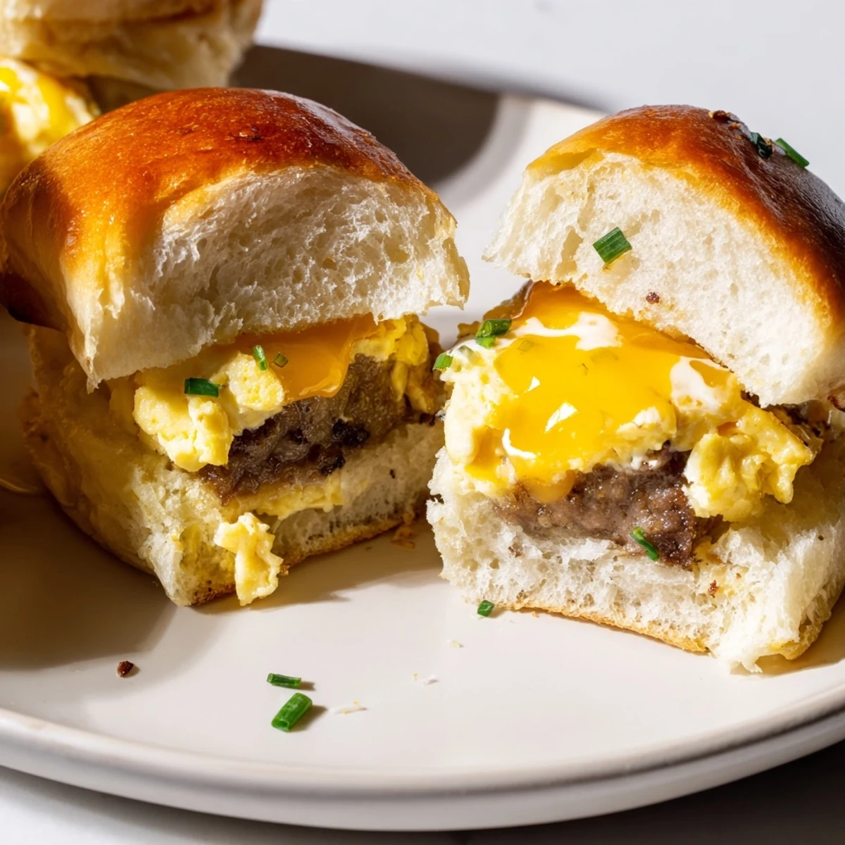 Mini Breakfast Sliders, warm and cheesy, boasting savory sausage and fluffy eggs on toasted buns.