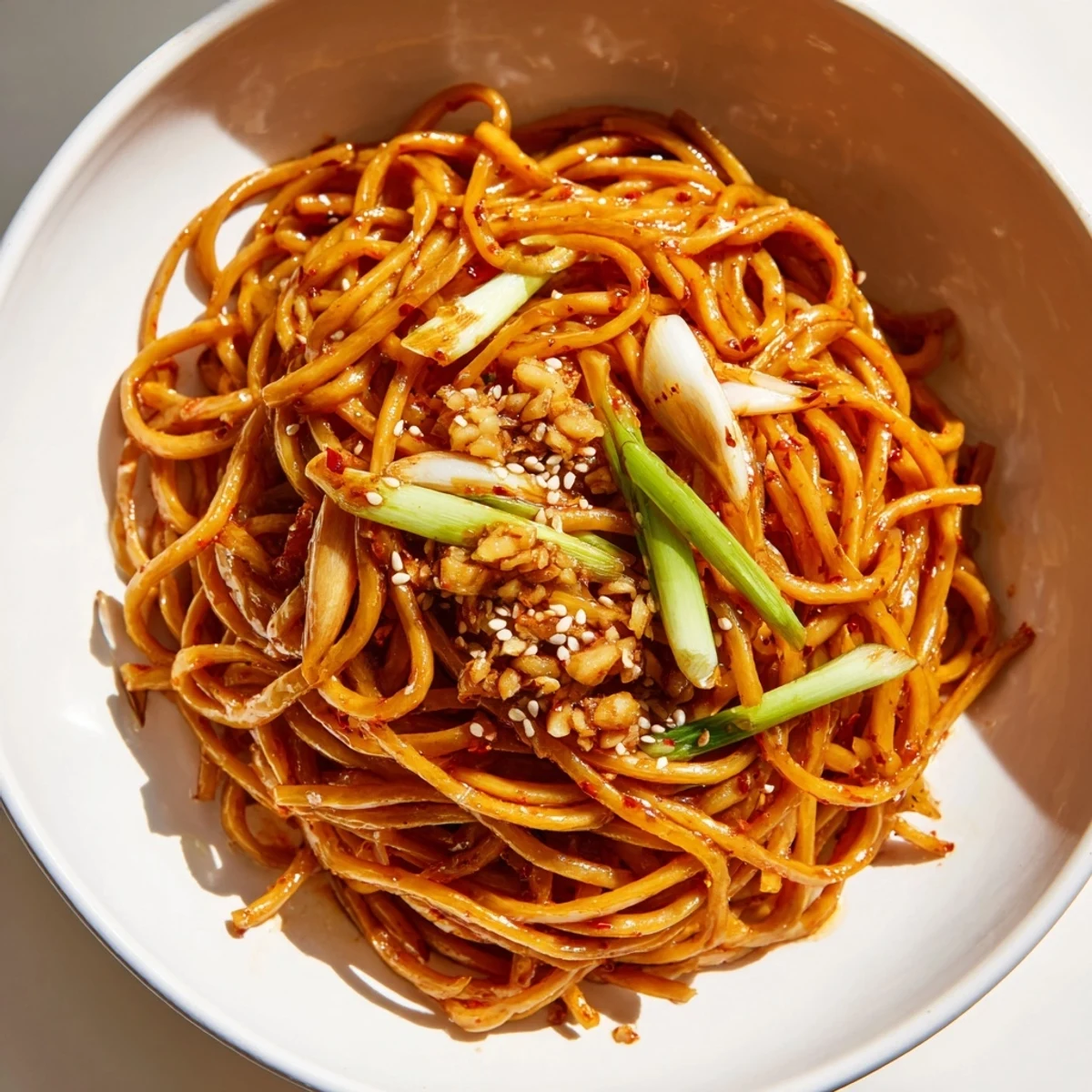 Steaming bowl of Garlic Chili Oil Noodles, a spicy and flavorful vegan main dish.
