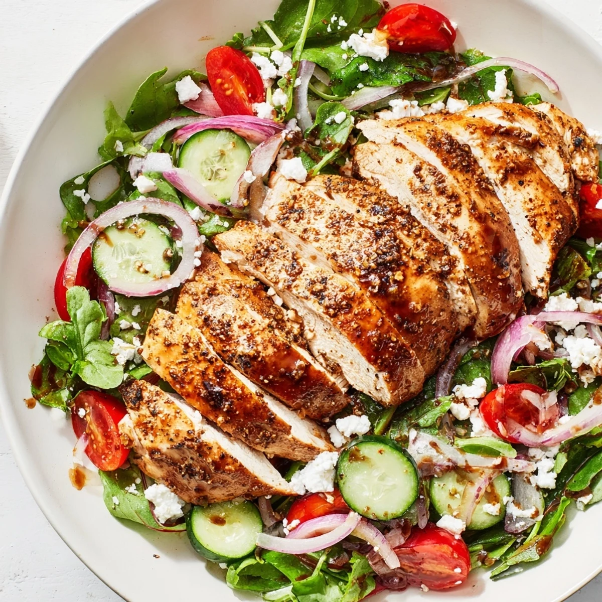 Warm, pan-seared chicken salad: juicy chicken atop a tossed salad with tomatoes and onions.