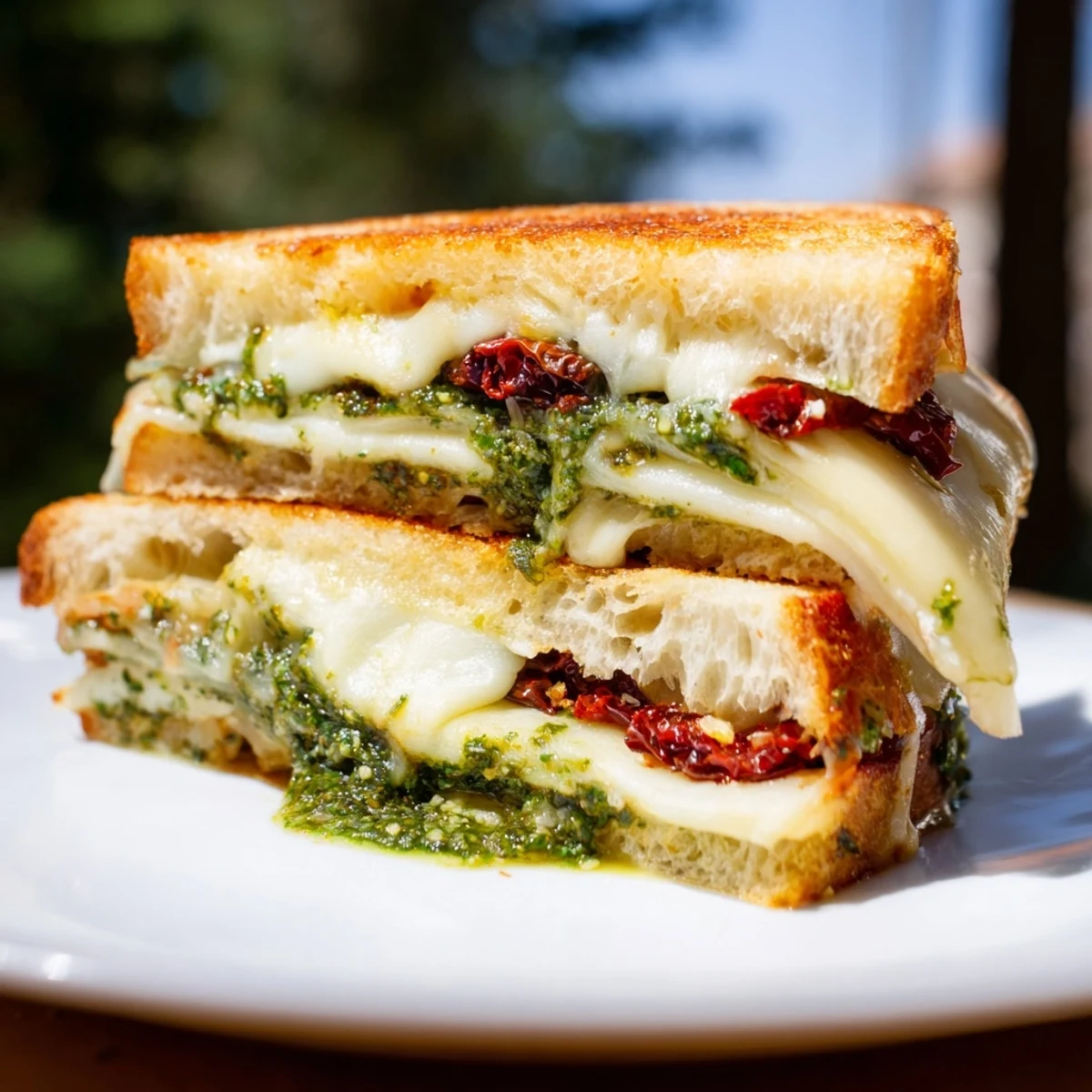 Golden, bubbly pesto grilled cheese with melted cheese and sundried tomatoes, ready to enjoy.