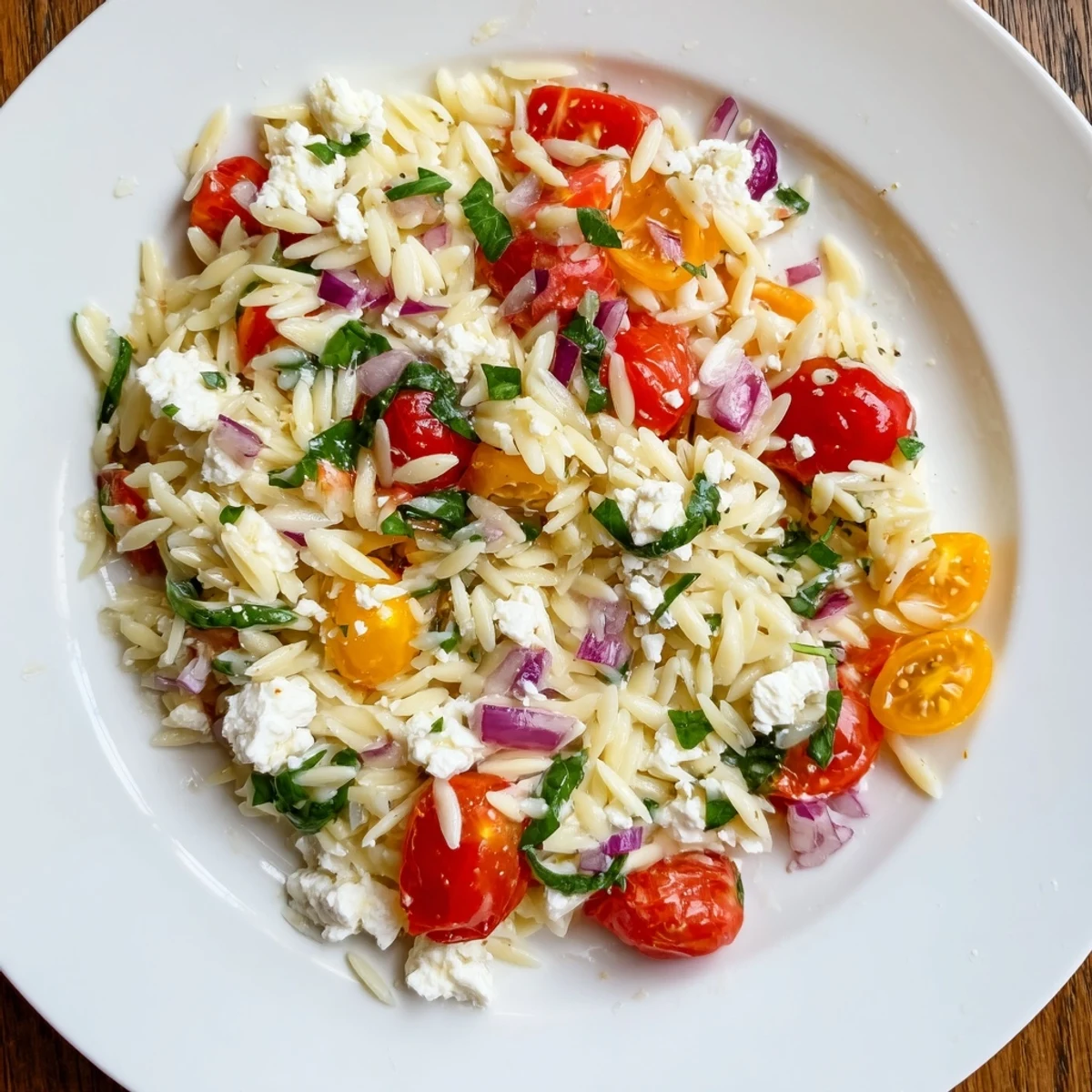 Bright, colorful close-up of delicious Tomato Feta Orzo, a perfect Mediterranean-style pasta side.