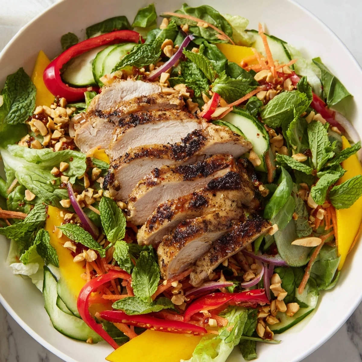 A close-up of a flavorful Thai Mango Chicken Salad, offering a spicy, refreshing bite.