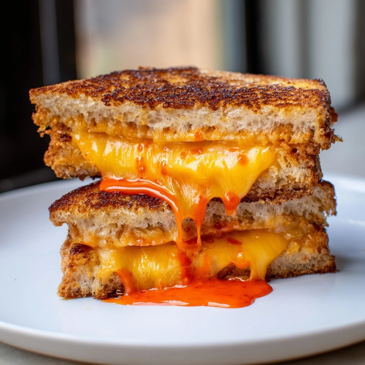 Golden-brown, bubbly Spiked Grilled Cheese with melted cheddar and spicy sriracha mayo, ready to enjoy.