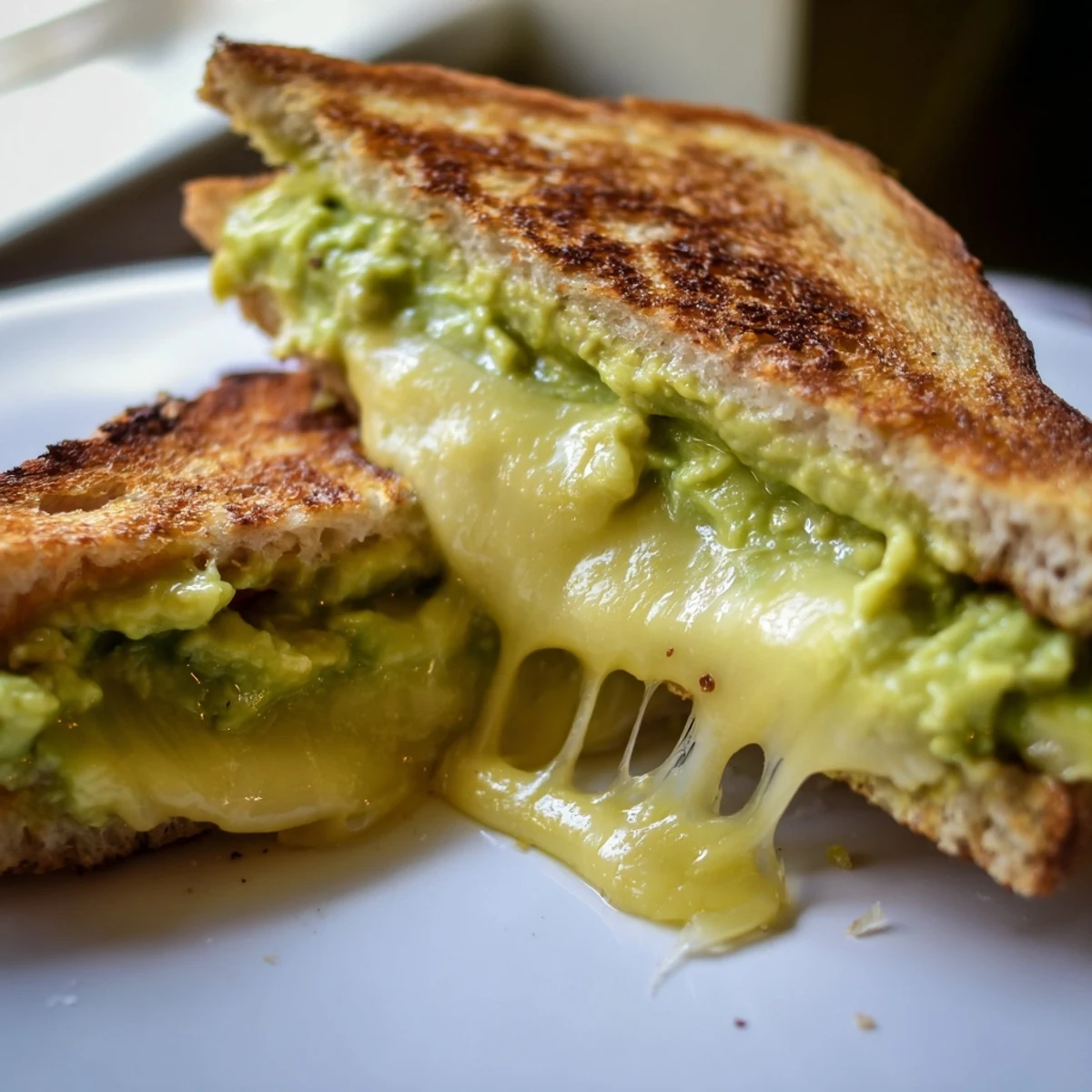 Golden toasted Avocado Toast Grilled Cheese, oozing melted cheddar and creamy avocado filling.