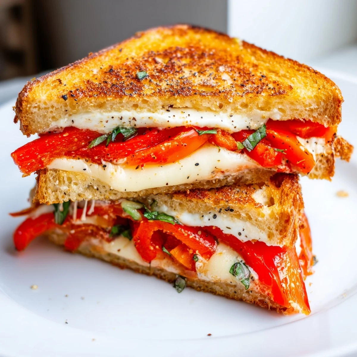Golden-brown Roasted Red Pepper Grilled Cheese, oozing with melted mozzarella and creamy goat cheese.