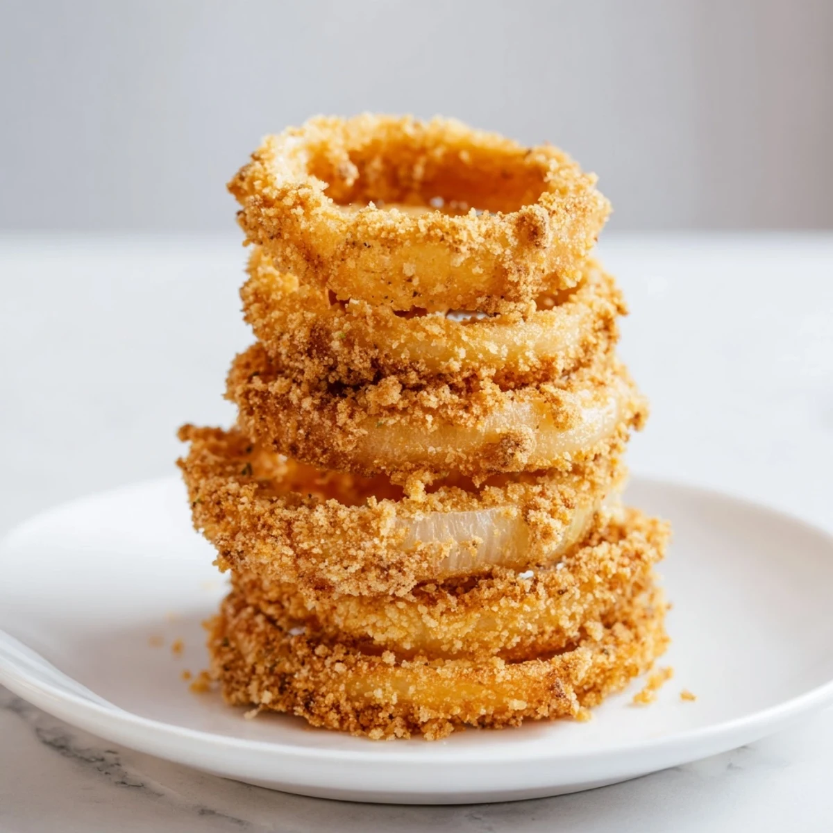 Golden, crispy onion ring tower, stacked high, ready to be devoured with your favorite dipping sauce.
