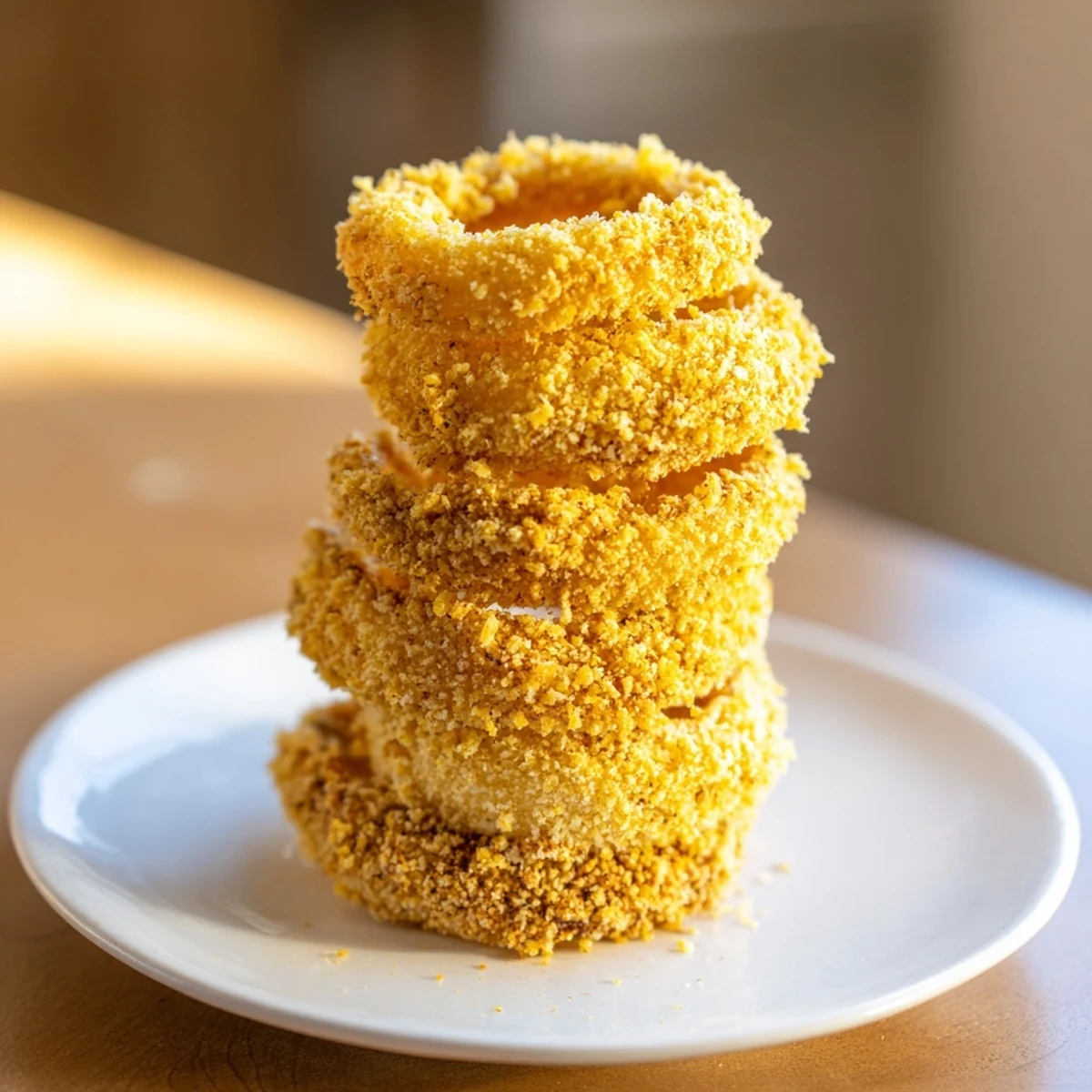 Perfectly fried and crunchy onion ring tower, offering a satisfying crunch for any appetizer occasion.
