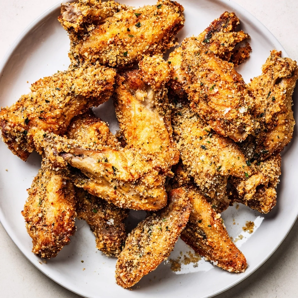 Golden-brown baked Parmesan chicken wings, crispy on the outside, a party appetizer favorite.