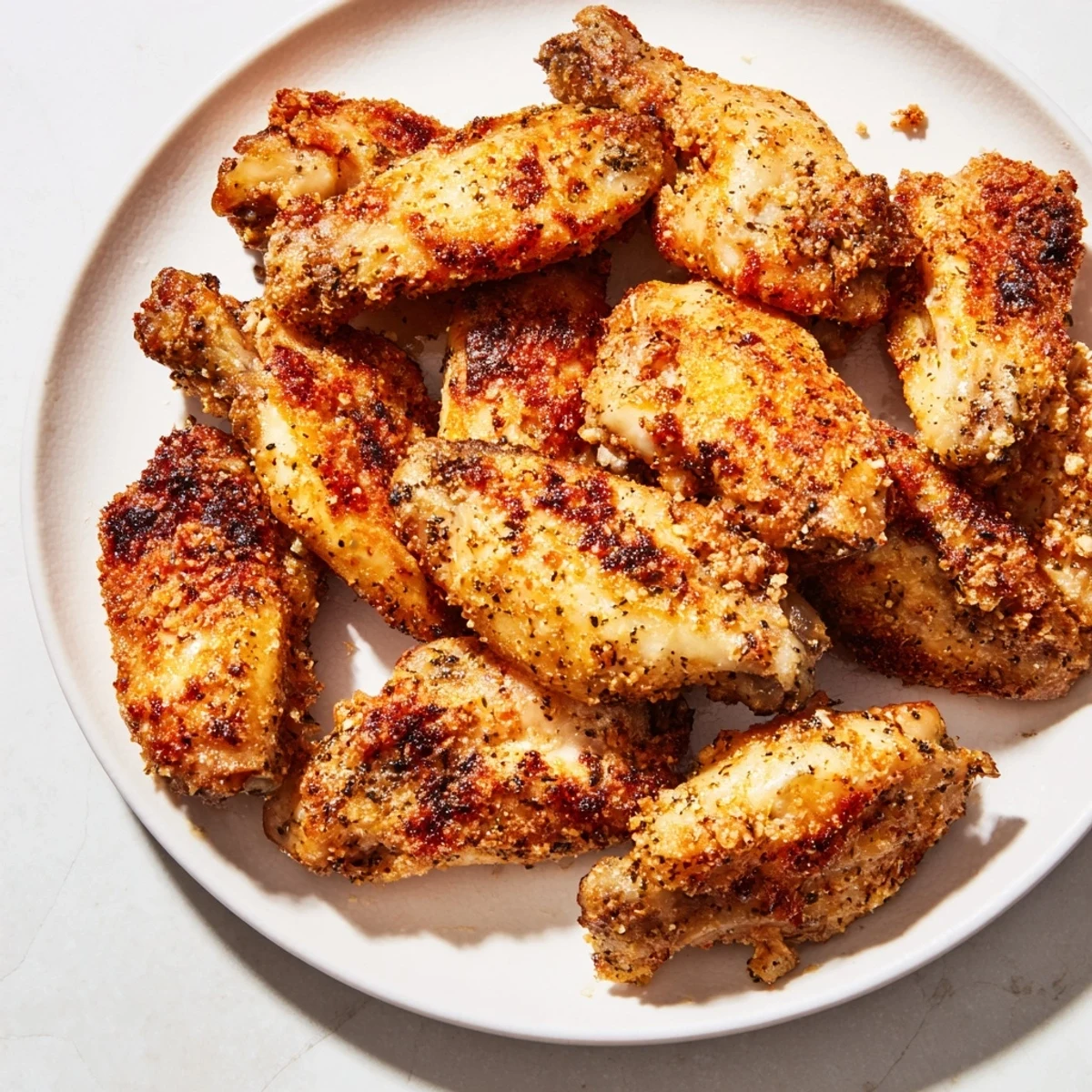 Oven-baked Parmesan chicken wings, perfectly seasoned with herbs, ideal for a game day snack.