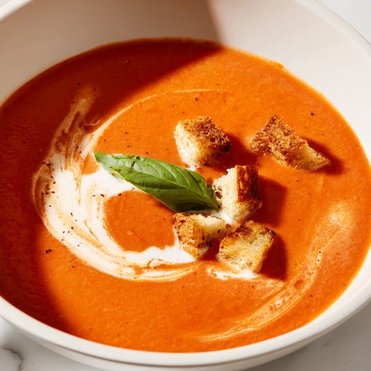 A bowl of creamy roasted garlic tomato soup, garnished with fresh basil for dinner.