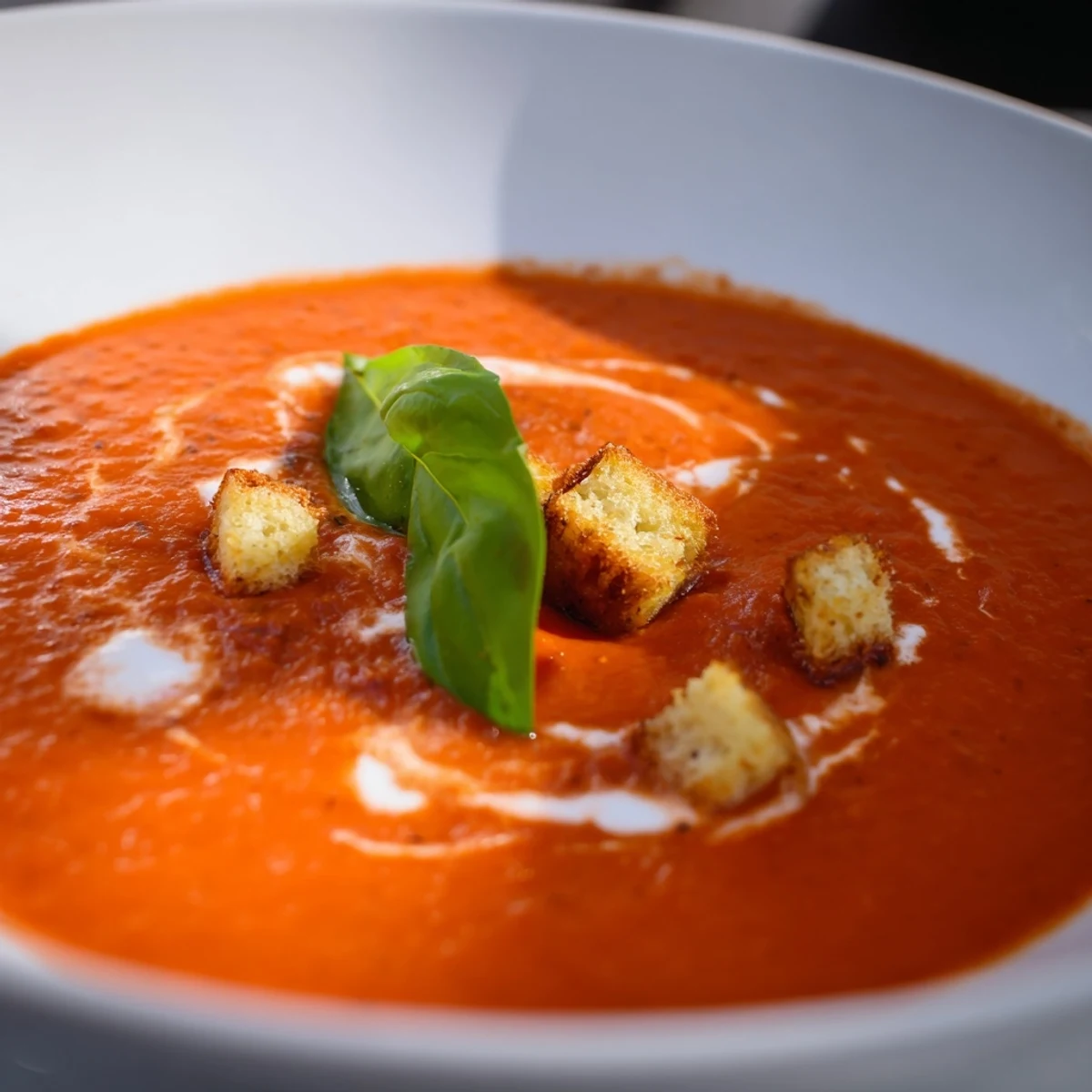 This vibrant photo shows hot, creamy roasted garlic tomato soup being served with croutons.