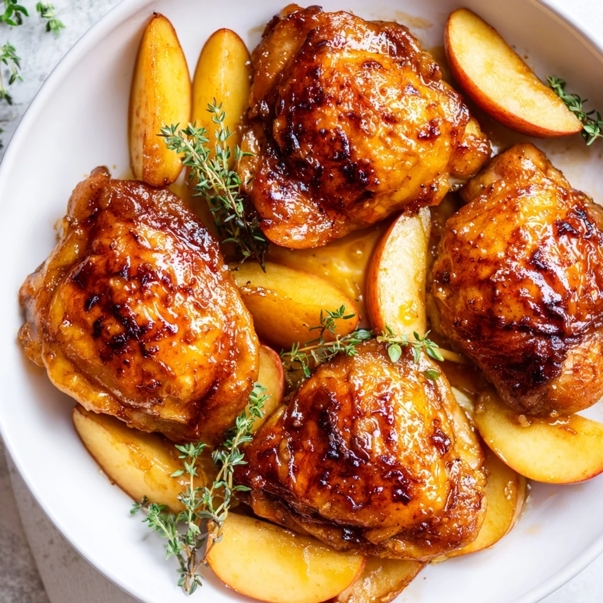 Golden, glistening Sticky Maple Apple Chicken, with tender apples and a sweet, savory glaze.
