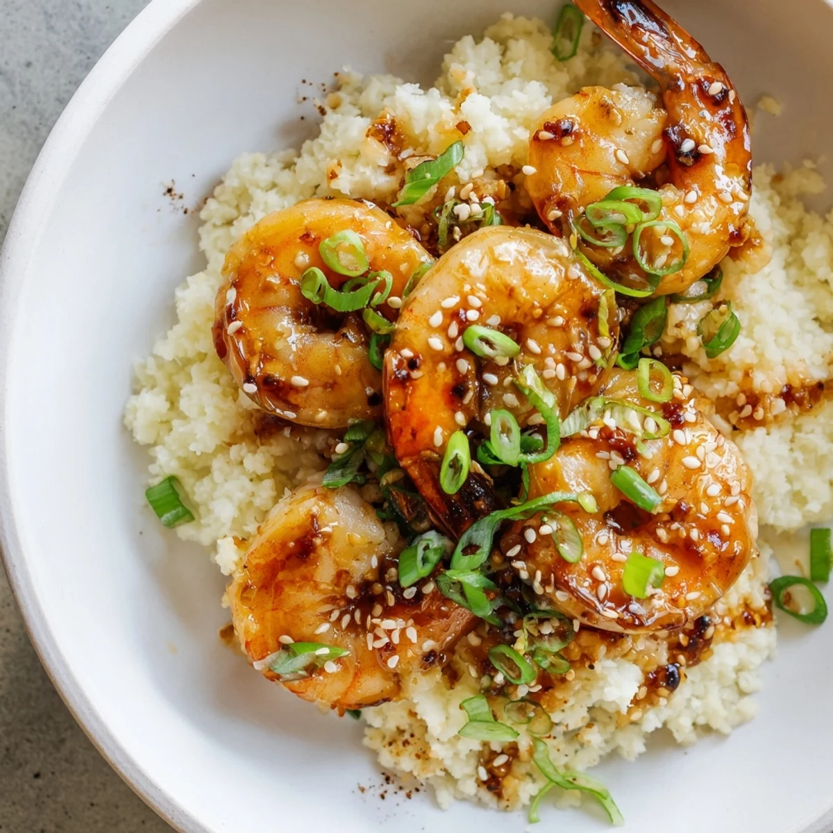 Sizzling ginger garlic shrimp bowls served over fluffy cauliflower rice, a healthy meal.