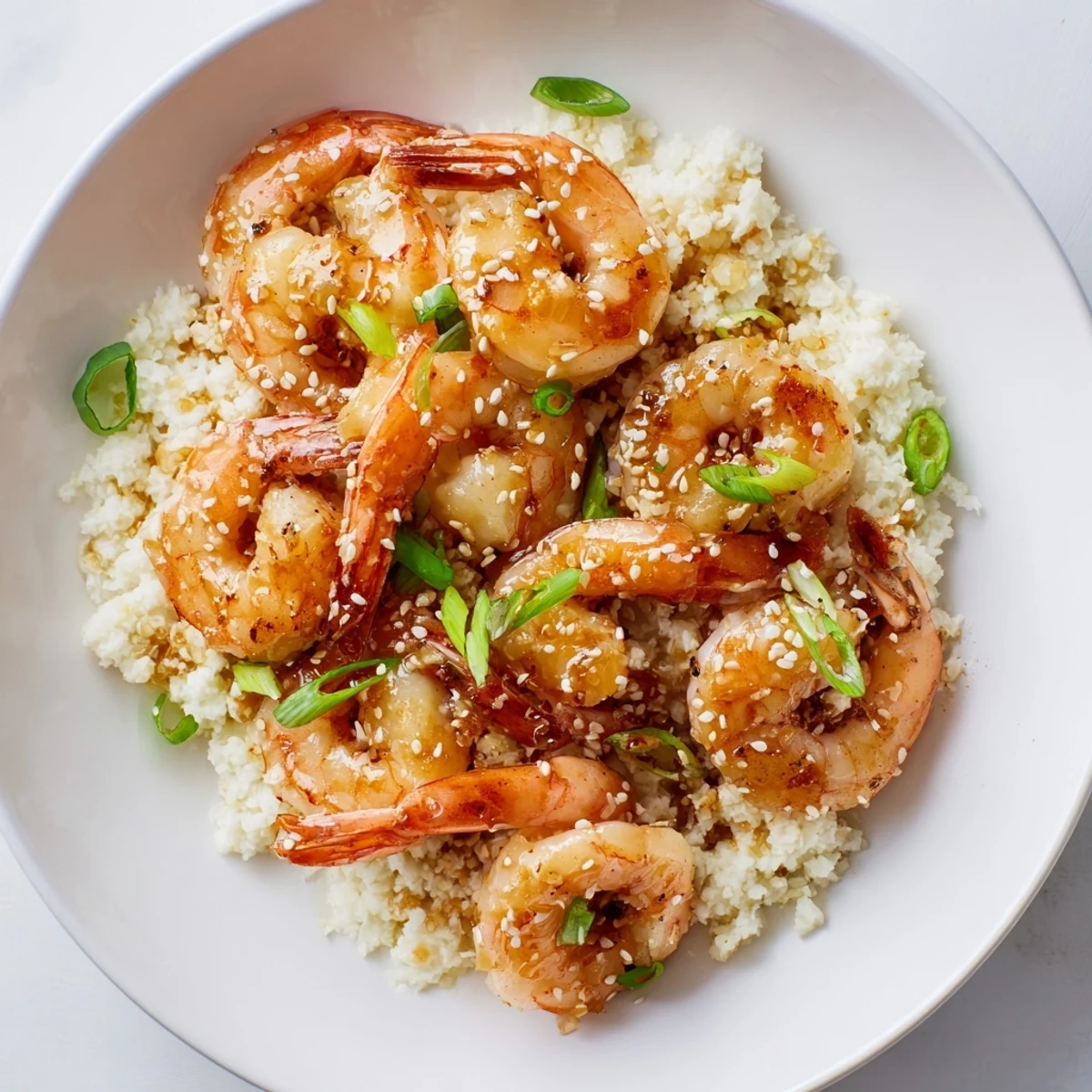 A flavorful close-up of delicious ginger garlic shrimp bowls with soy drizzle and lime.