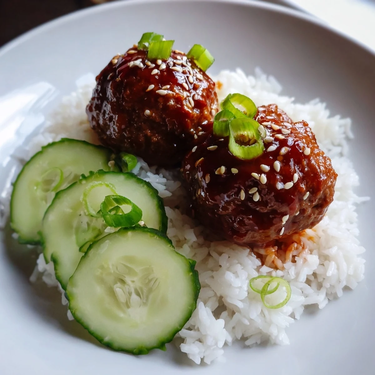 A close-up of delicious teriyaki meatball bowls with tender rice, perfect for a filling, flavorful dinner.